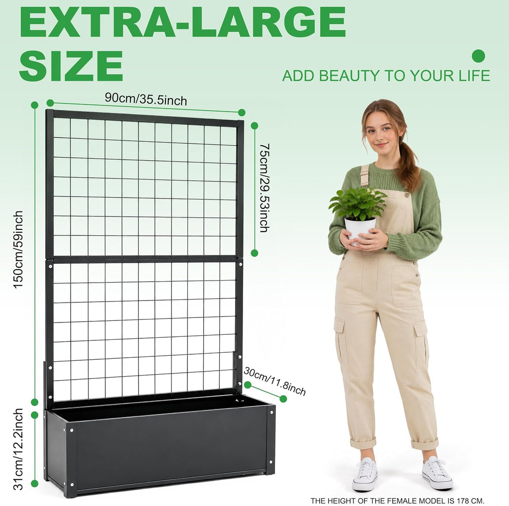 Garden Bed with Trellis Outdoor, Metal, 59in Tall | Metal Frame, 59in Tall Trellis for Climbing Plants, 12in Deep