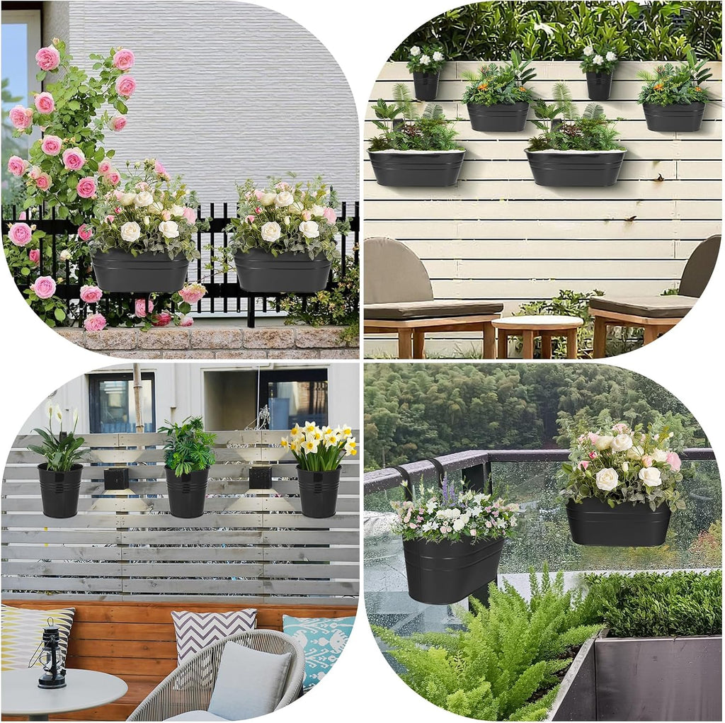 3 Different Size Metal Iron Hanging Flower Pots 10 Pcs for Outdoor Plants Metal Hanging Bucket Pots Iron Railing Fence