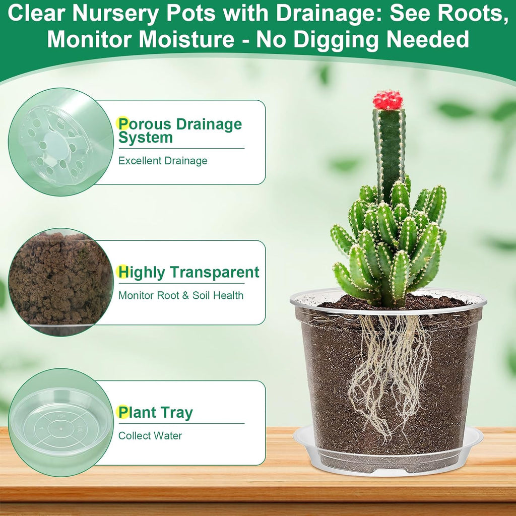 142Pcs Clear Plastic Nursery Pots with Drainage Holes and Saucers, 45Packs 3/4/5/6/7Inch Seedling Starter Flower Pots