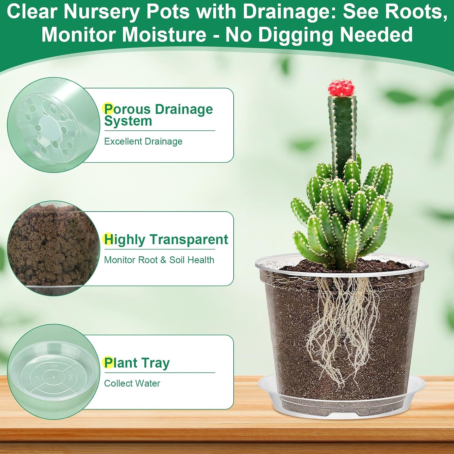 142Pcs Clear Plastic Nursery Pots with Drainage Holes and Saucers, 45Packs 3/4/5/6/7Inch Seedling Starter Flower Pots