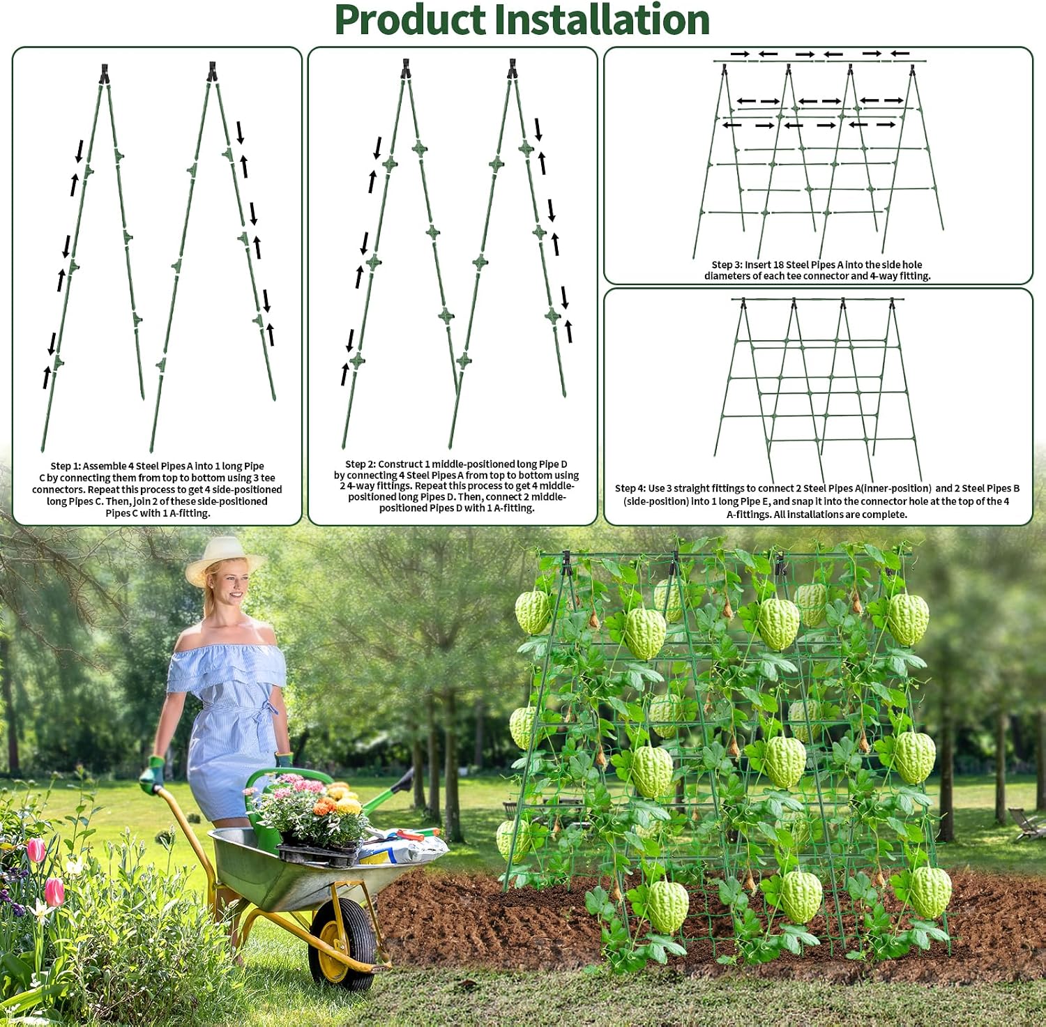 A-Frame Cucumber Trellis for Raised Bed - 63”H x 47”W, Heavy-Duty Detachable Garden Trellis with Netting & Clips