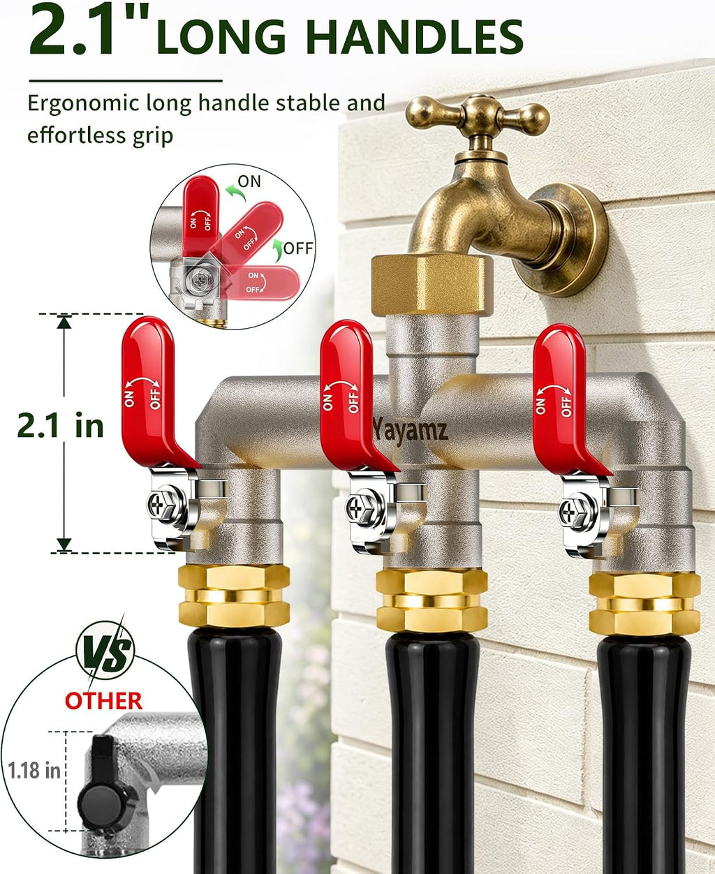 3 Way Garden Hose Splitter, 3/4" GHT Full Flow Hose Splitter | One-Piece Heavy Duty Full Brass Body with Shut-off