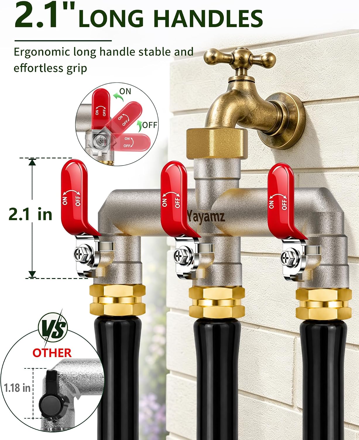 3 Way Garden Hose Splitter, 3/4" GHT Full Flow Hose Splitter | One-Piece Heavy Duty Full Brass Body with Shut-off
