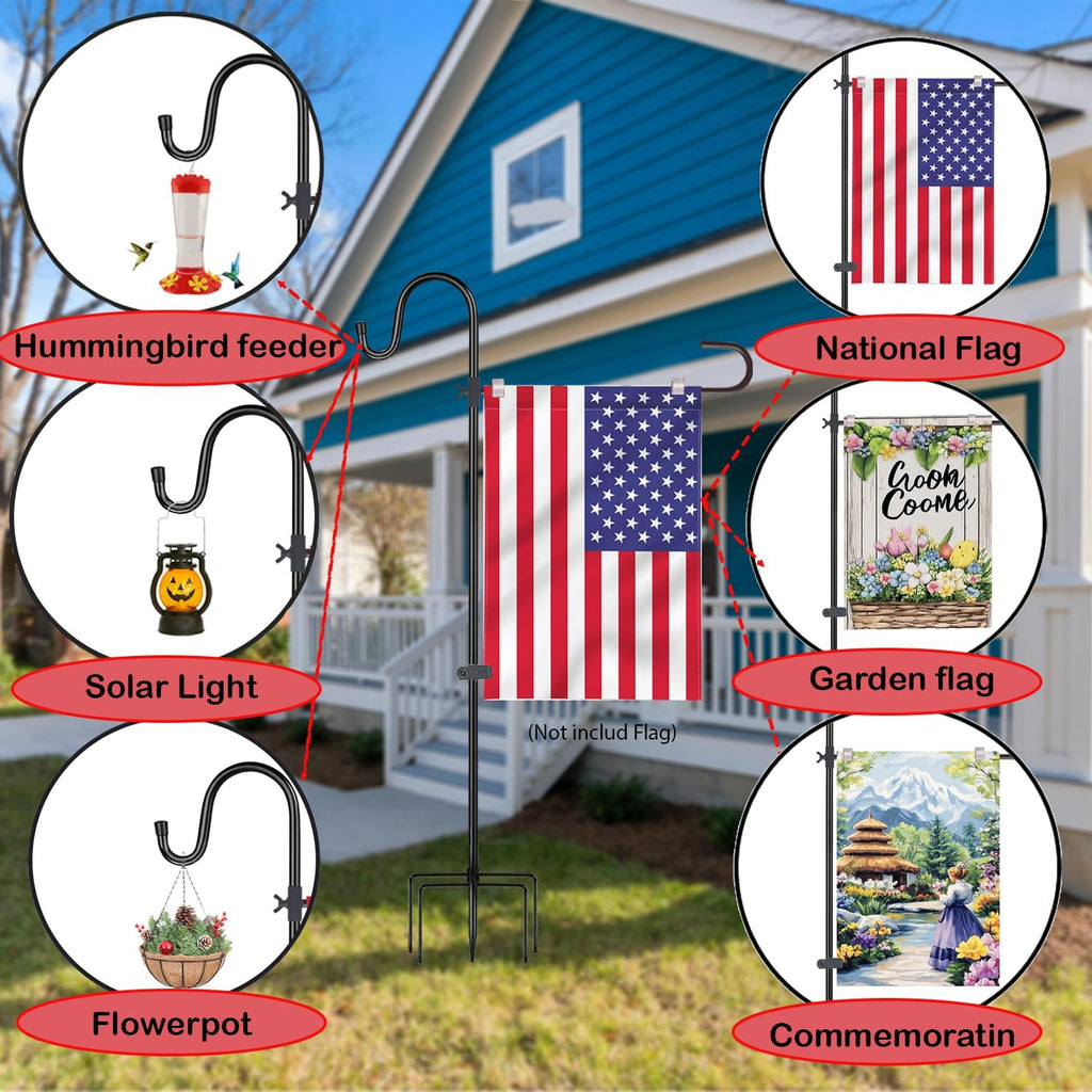 Garden Flagpole Stand with Shepherd Hook for 12x18 Flags, 62 Inch | metal garden flag pole holder. 1/2 inch thick. For