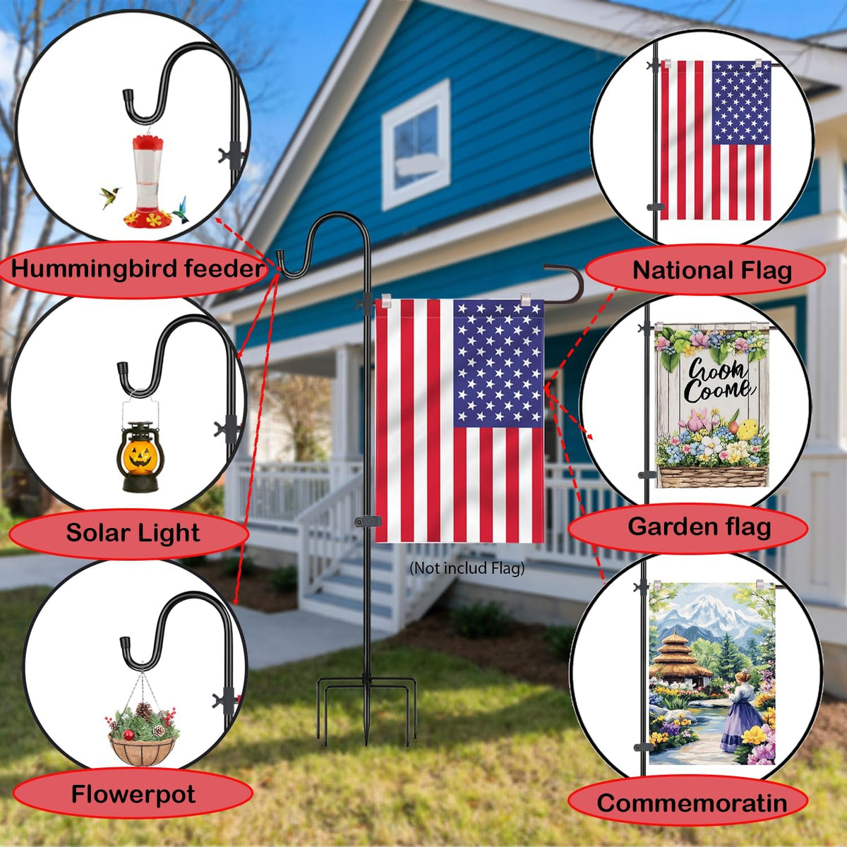 Garden Flagpole Stand with Shepherd Hook for 12x18 Flags, 62 Inch | metal garden flag pole holder. 1/2 inch thick. For