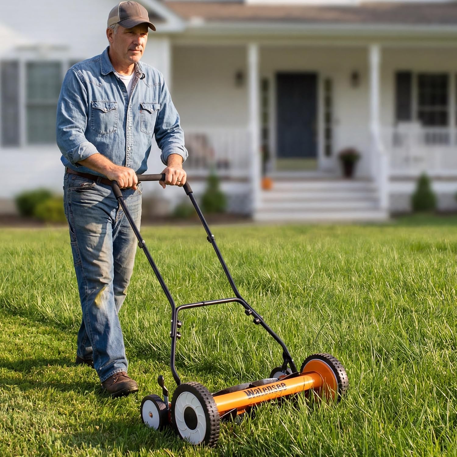 Walensee 18-Inch Manual Lawn Mower, 5-Blade Push Reel, 9 Heights | Precision-Ground Alloy-Steel Blades Deliver Clean