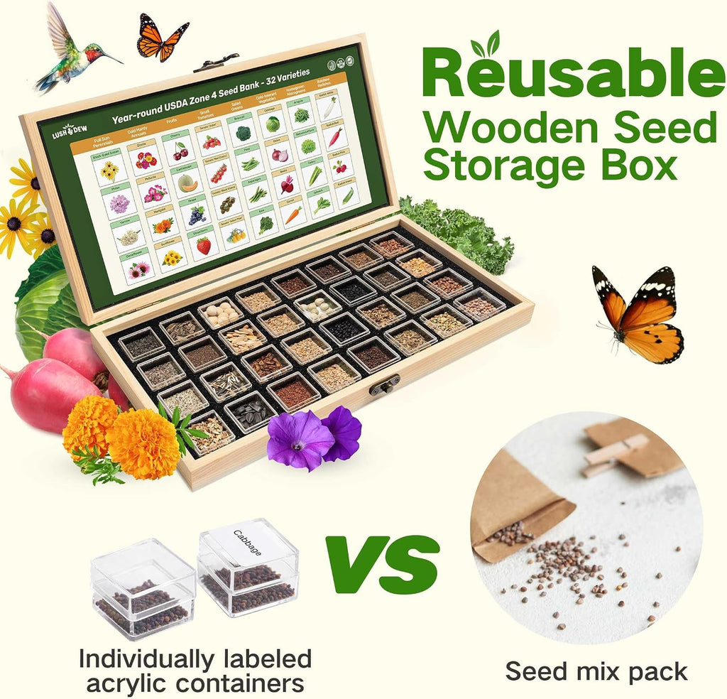 USDA Zone 4 Seed Bank, 32 Varieties Non-GMO Heirloom Vegetable Herb Seeds | Gardening Gifts for Women Men, Emergency