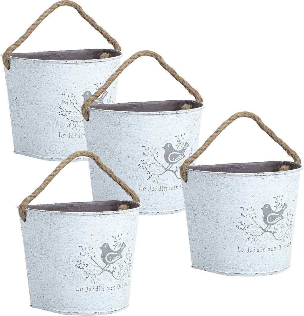 XONOR 4Pcs Galvanized Metal Wall Planter- Wall Hanging Bucket Vintage Rustic Flowers Vase Planter Holder with Rope for