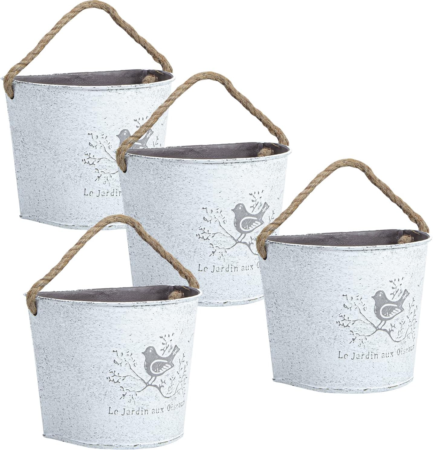 XONOR 4Pcs Galvanized Metal Wall Planter- Wall Hanging Bucket Vintage Rustic Flowers Vase Planter Holder with Rope for