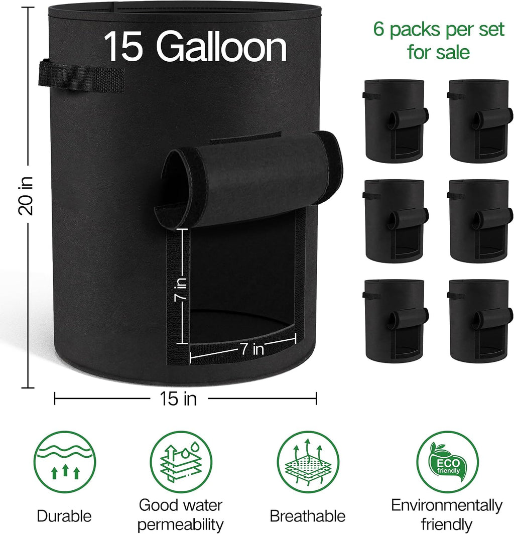 6-Pack 15 Gallon Potato Grow Bags – Durable Nonwoven Fabric Planters with Reinforced Handles | Reusable Garden