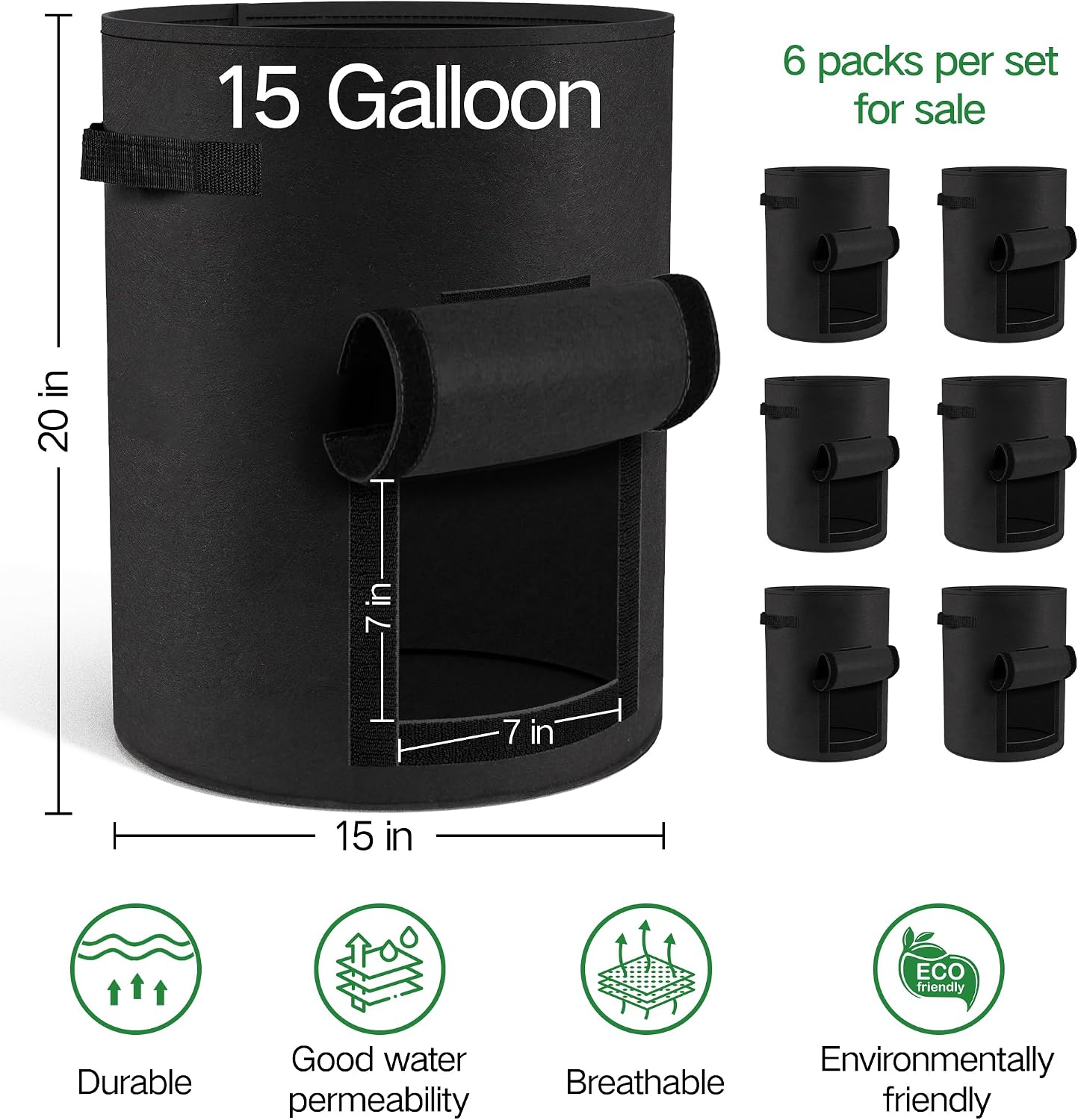 6-Pack 15 Gallon Potato Grow Bags – Durable Nonwoven Fabric Planters with Reinforced Handles | Reusable Garden