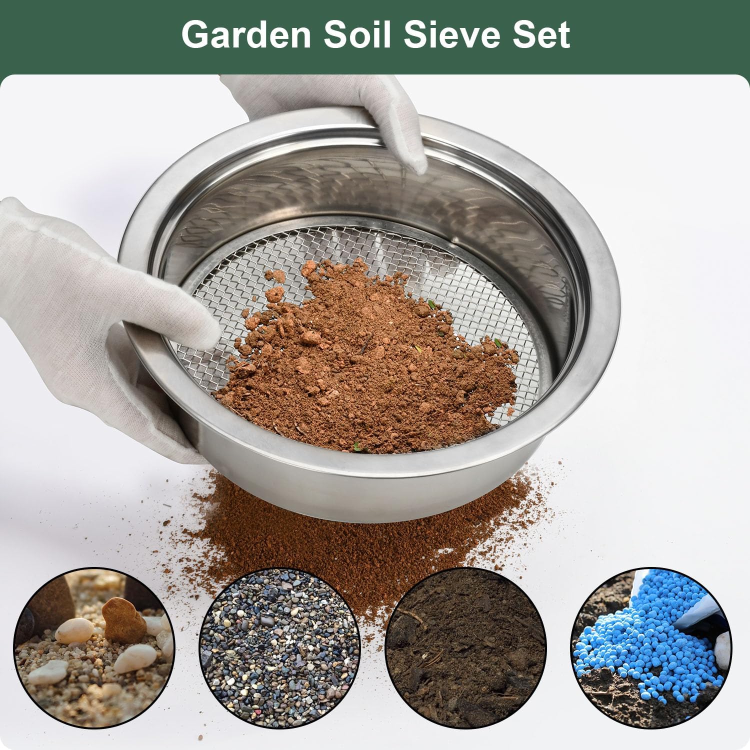 Soil Sieve Set Garden Soil Sifter Stainless Steel Mesh Sifter,Compost Sifter with 1,3,6,9,12mm Sieve Mesh and Bonsai