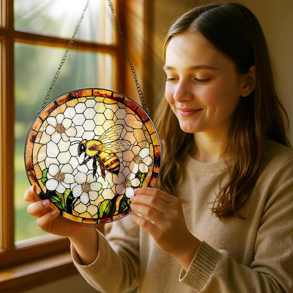 Bee Wildflowers Stained Glass Suncatcher, Stained Glass Window Hanging, 8 Inch Honey Bee Suncatcher, Honeybee Gifts for