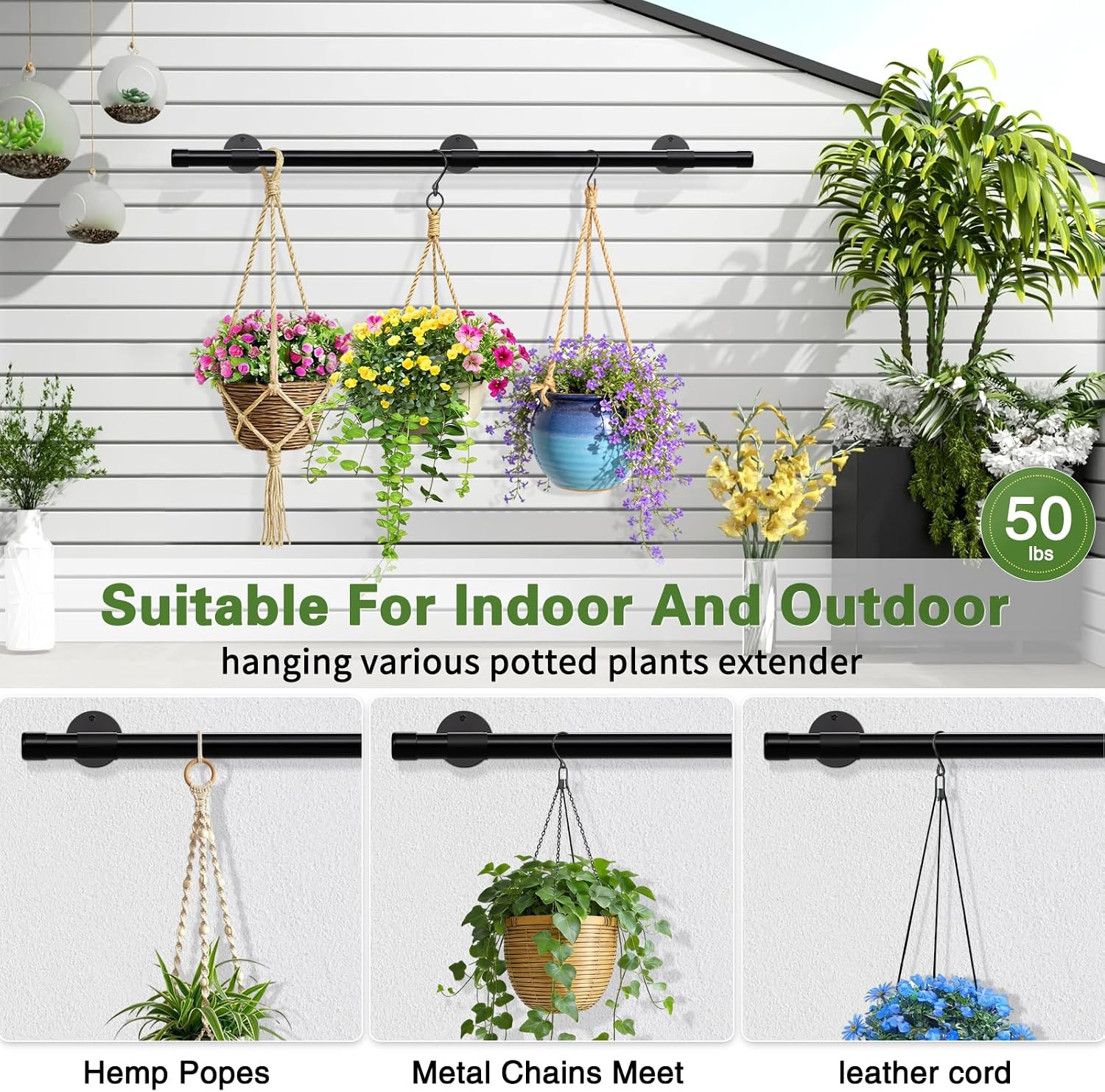 SUTINE Plant Hanging Rod, 62 Inch Plant Hanger Indoor for Window Ceiling, Heavy Duty Hanging Planters for Indoor