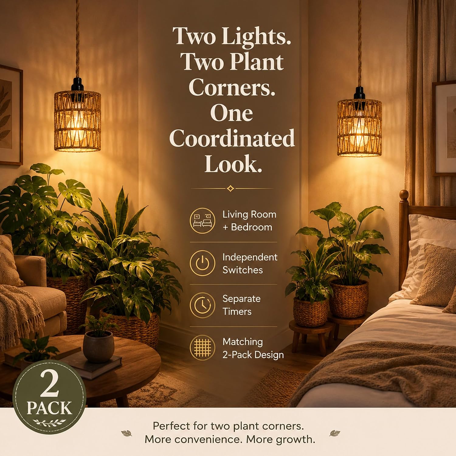 2 Pack Hanging Grow Lights for Indoor Plants Boho Rattan Plant Light | 15FT Power Cord with Timer, 15W Full Spectrum