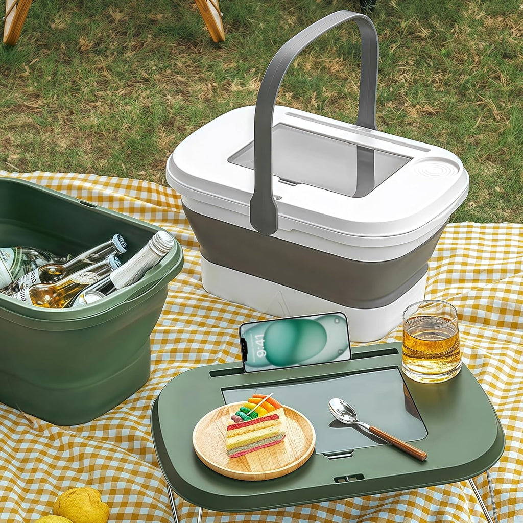 Collapsible Picnic Basket 16L, Folding Basket for Picnic with Lid Table, Waterproof Large Picnic Basket with Handles