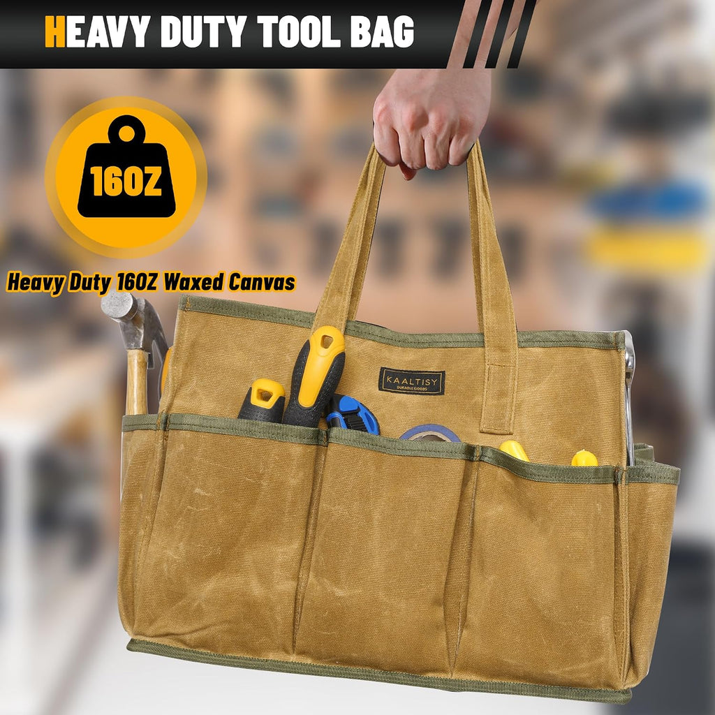 16OZ Waxed Canvas Tool Tote Bag | Large-Capacity Tool Storage Tote with 10 External Pockets | Multi-Purpose Garden Tool