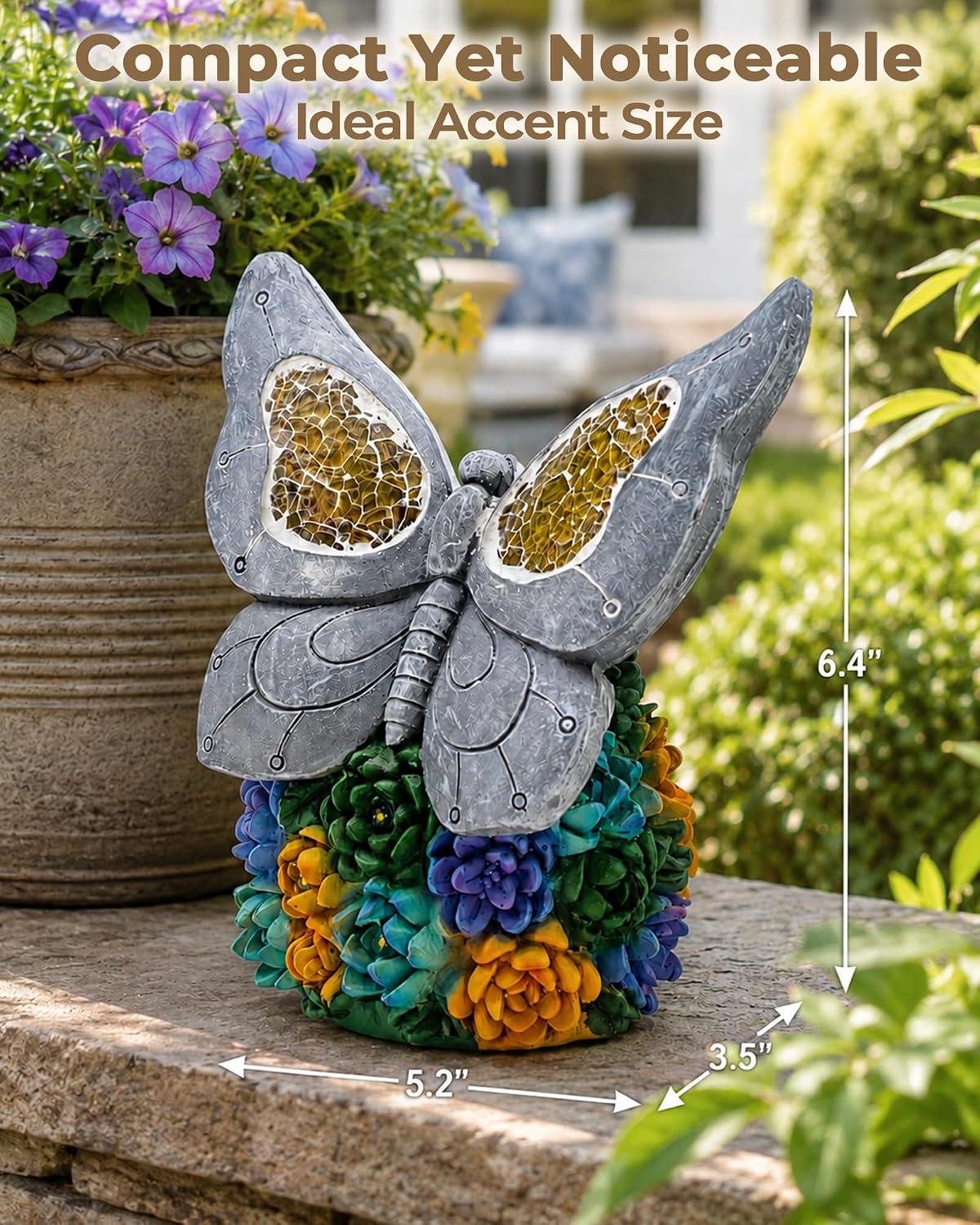 Solar Butterfly Garden Statue, Resin LED Outdoor Decor | Crackled Glass Wings, Succulent Base, Hand-Painted Detail