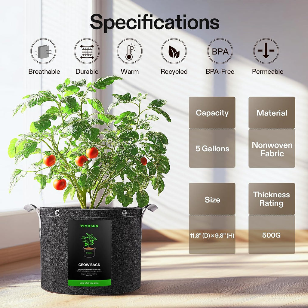 VIVOSUN 5-Pack 5 Gallon Grow Bags, 500G Thick Nonwoven Fabric Pots with Strap Handles, Multi-Purpose Rings, for Low