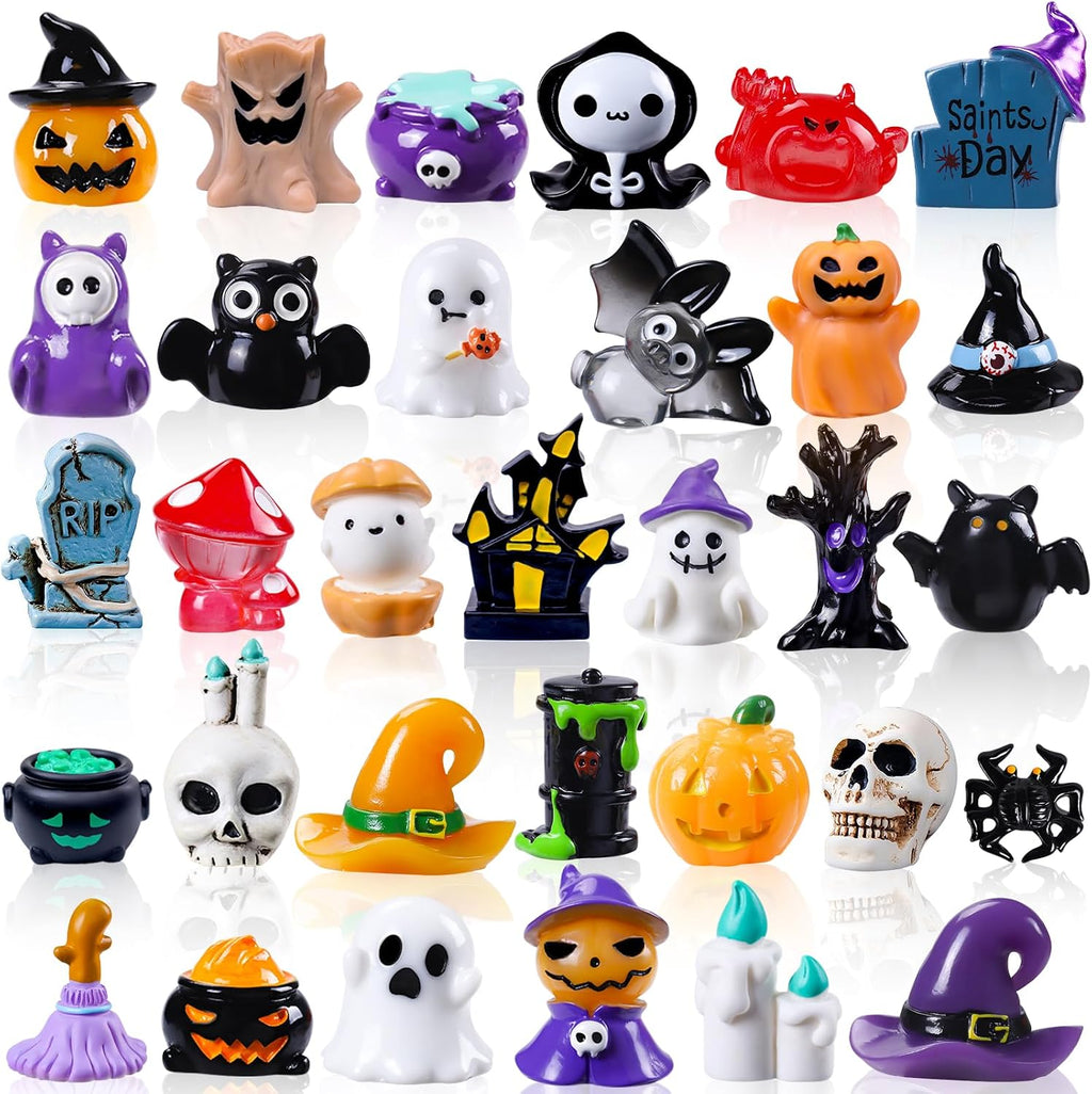 DIYDEC 32pcs Halloween Mini Resin Figures 32 Styles Tiny Resin Animals Little Small Figures to Hide Pumpkin Ghost Skull Miniatures Bulk for Halloween Party Favors Bag Fillers Garden Dollhouse Decor