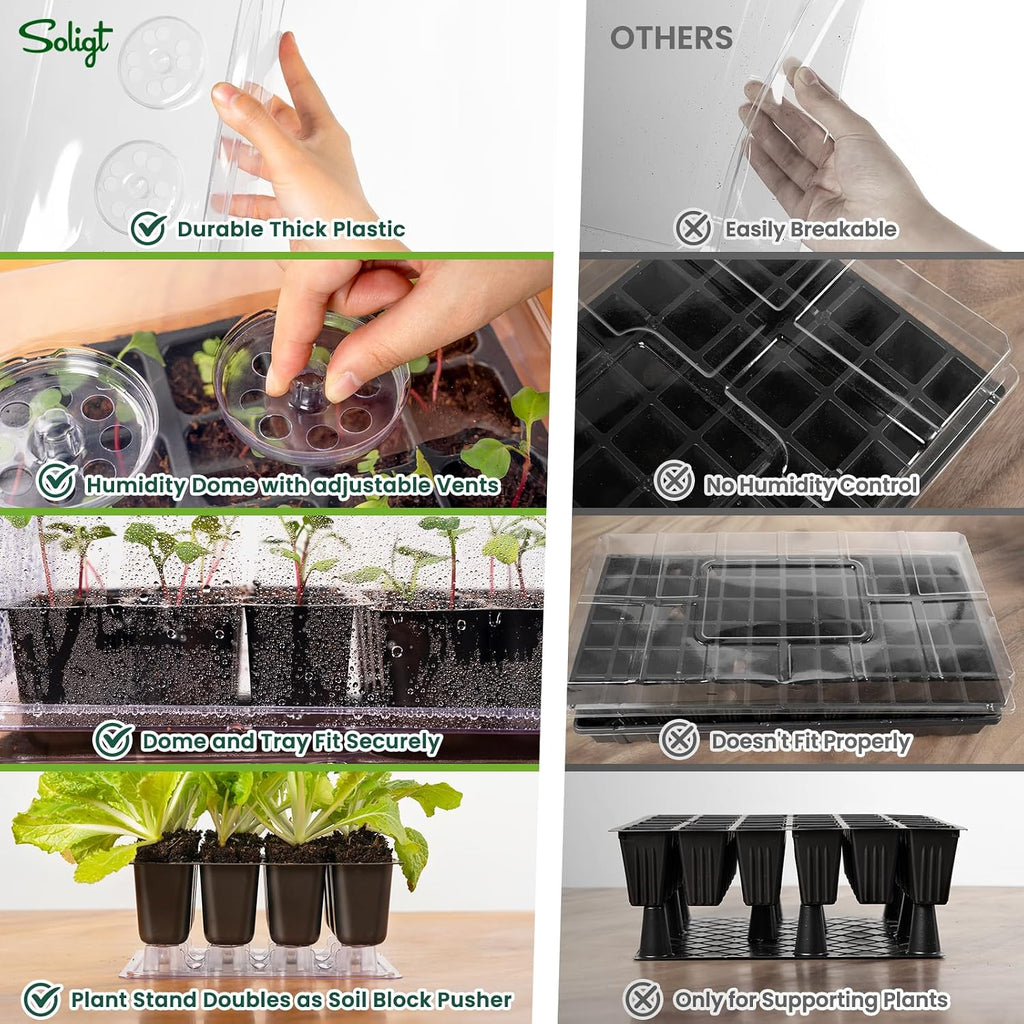 SOLIGT Self Watering Seed Starter Trays with Humidity Domes 6 Pack 144 Cell | Extra Thick Plastic Seed Starter kit for
