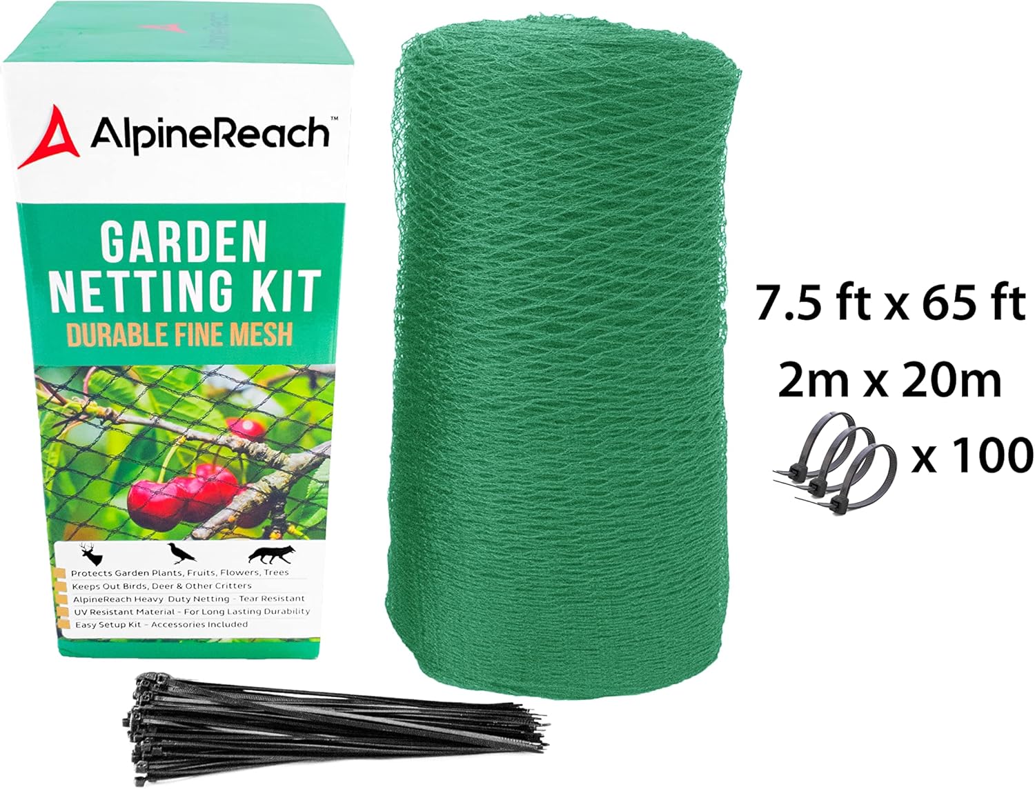 AlpineReach Garden Netting 7.5 x 65 ft Heavy Duty Bird Net, Deer, Plant Protection Extra Strong Woven Mesh, Reusable