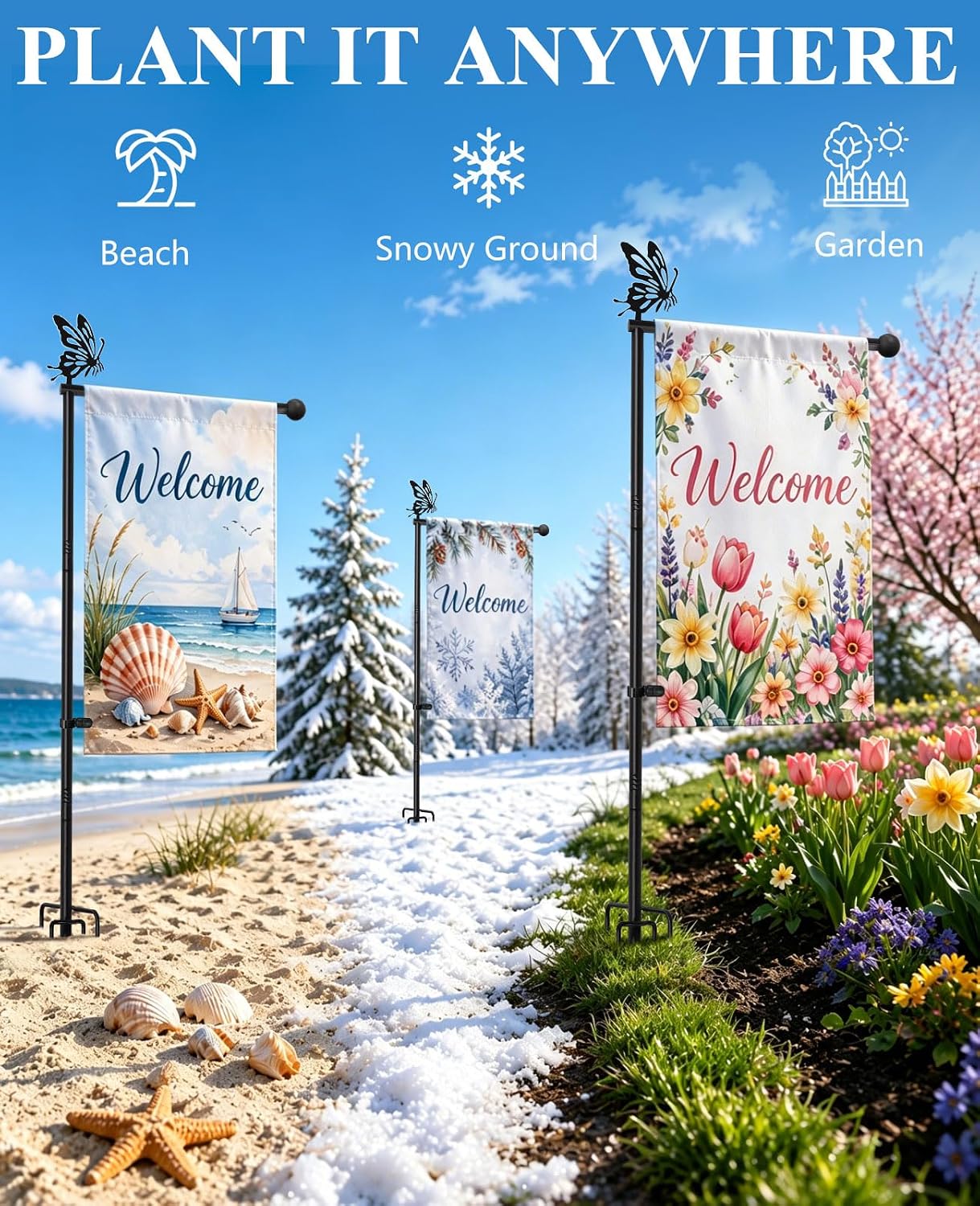 Garden Flag Holder for Outside, 5 Prong Base Small Flag Stand | Reinforced Threaded Connection, Heavy Duty Yard Flag