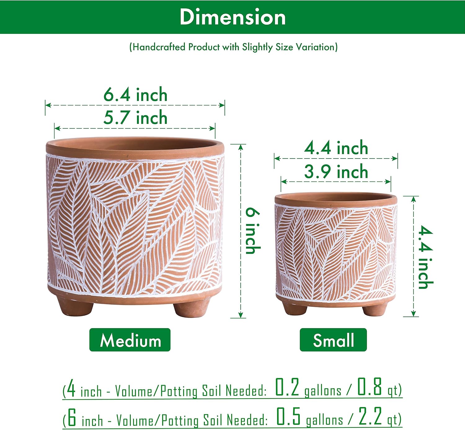 D'vine Dev 2-Pack Terracotta Pots, 4/6 in, Sahara Fern, 31-953-H-1 | Hand-Painted Details, Three-Legged Design, Natural