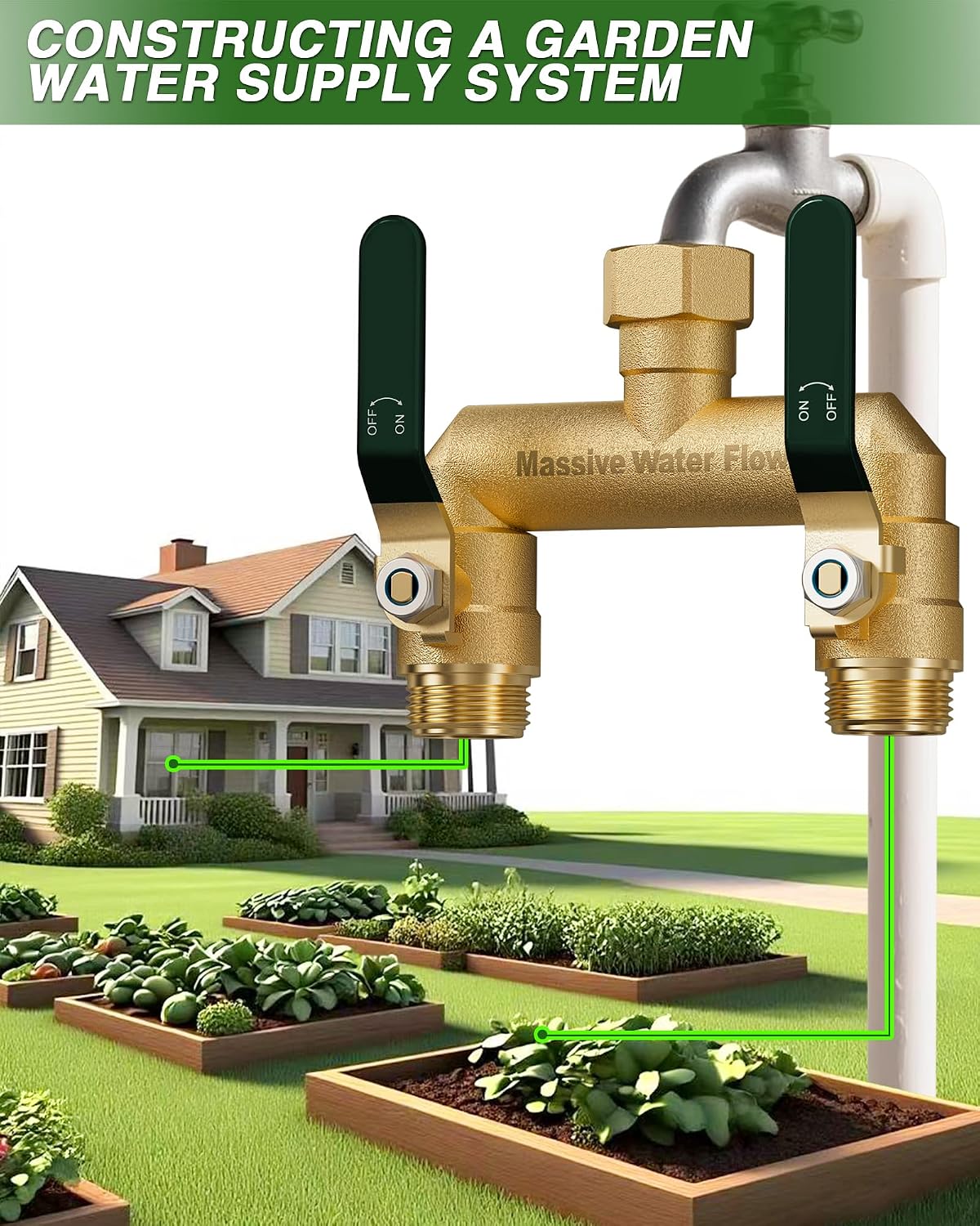 Hose Splitter 2 Way Heavy Duty, Full Flow Garden Hose Splitter with 2 Long Metal Handles, Brass Rust and Freeze