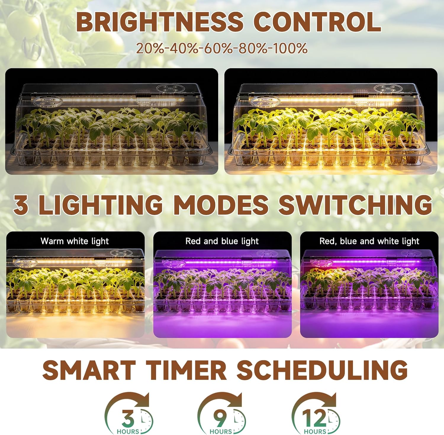 72 Cells Seed Starter Tray with Grow Light, Seed Starter Kit Full Spectrum with 5 Dimmable Brightness & Timer, Indoor
