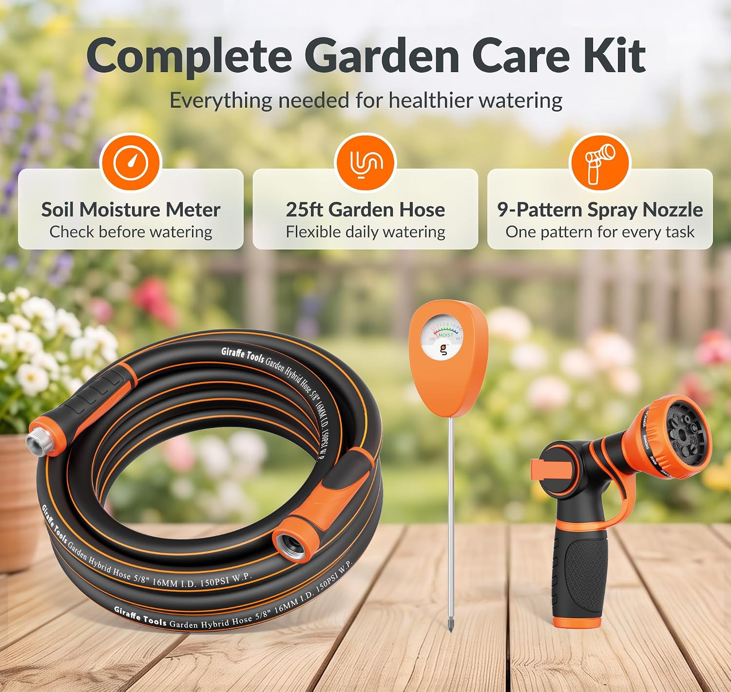 Giraffe Tools Garden Hose 5/8", 25FT Hose with Nozzle & Moisture Meter Set | Complete Watering Kit with Garden Hose