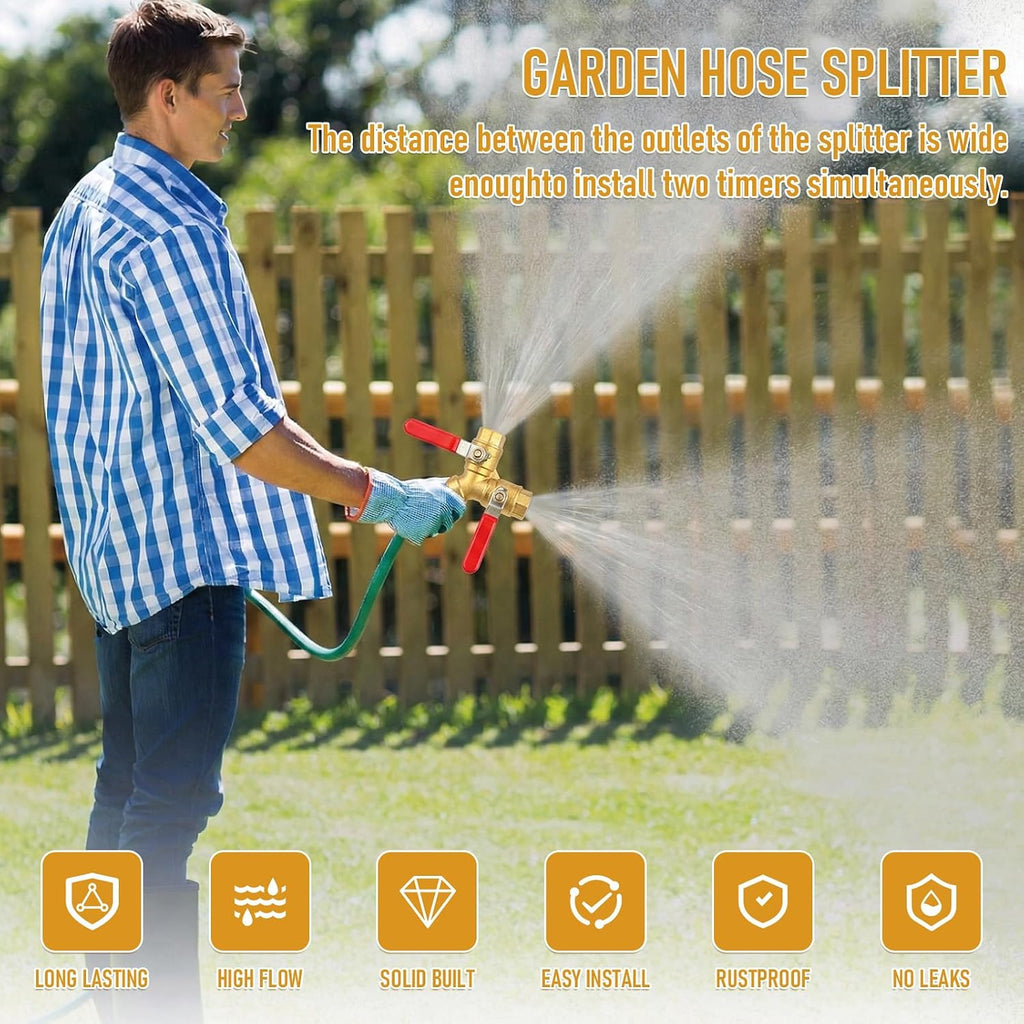 Garden Hose Splitter 2 Way, Heavy Duty Brass Y Valve Water Hose Splitter With Stainless Steel Long Handle Outdoor Full