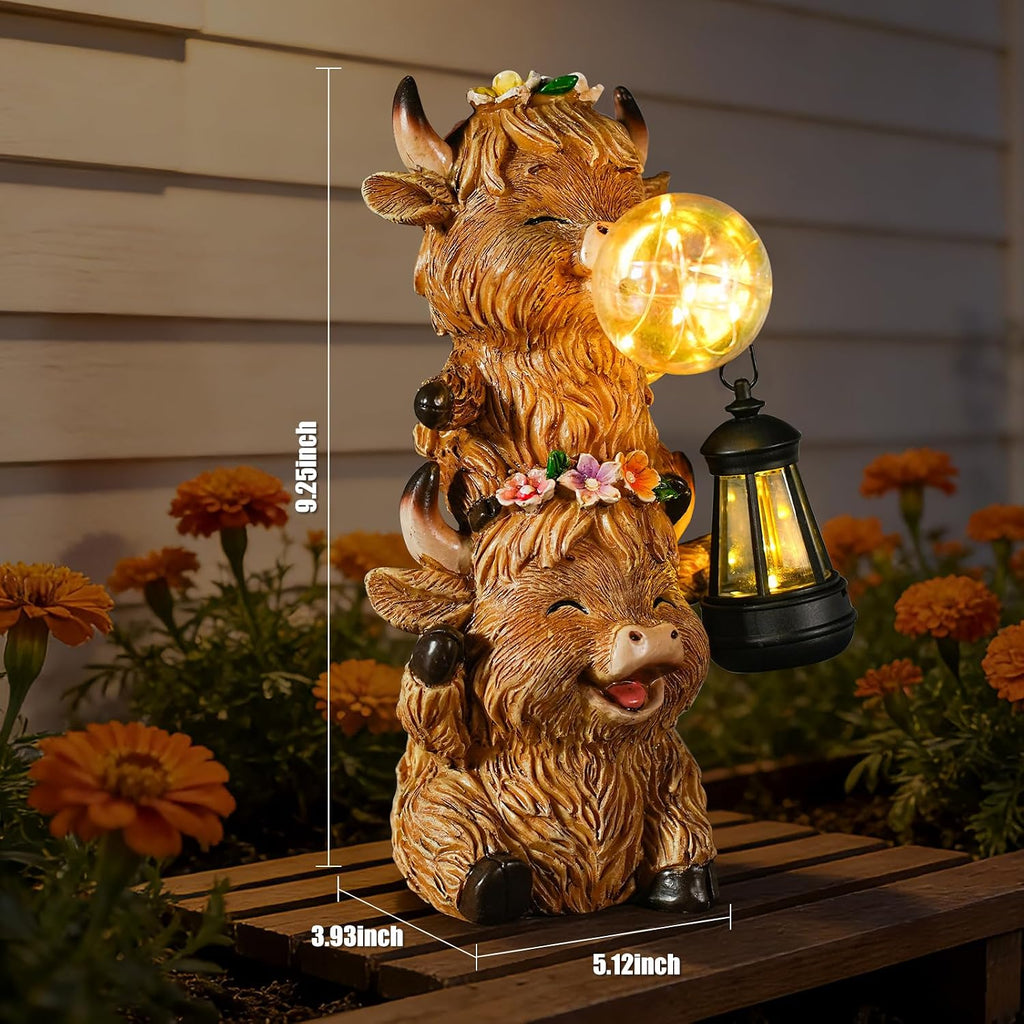 Outdoor Resin Highland Cow Garden Statue | Cute Cow Decoration with Glowing Lantern & Light-Up Bubble, Waterproof Yard