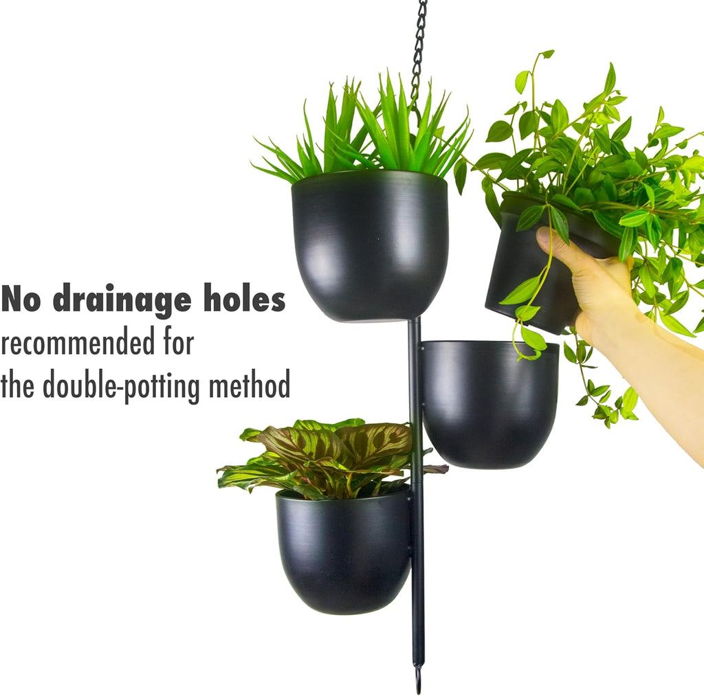 3-Tier Metal Hanging Planter with 6 Inch Oval Pots - Black Modern Triple Tiered Plant Hanger - Vertical Stackable Wall