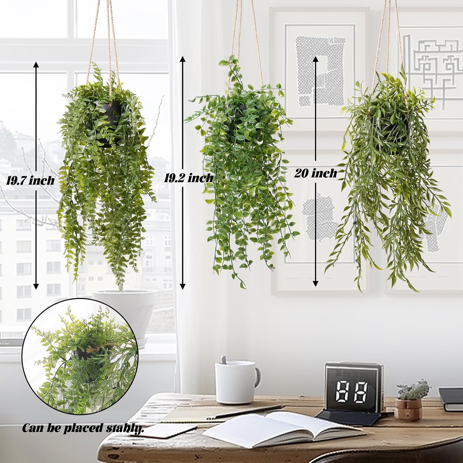 3 Packs Fake Hanging Plants with Black Pots for Wall Decor | 20" Long, Lifelike Cascading Greenery, Easy to Clean