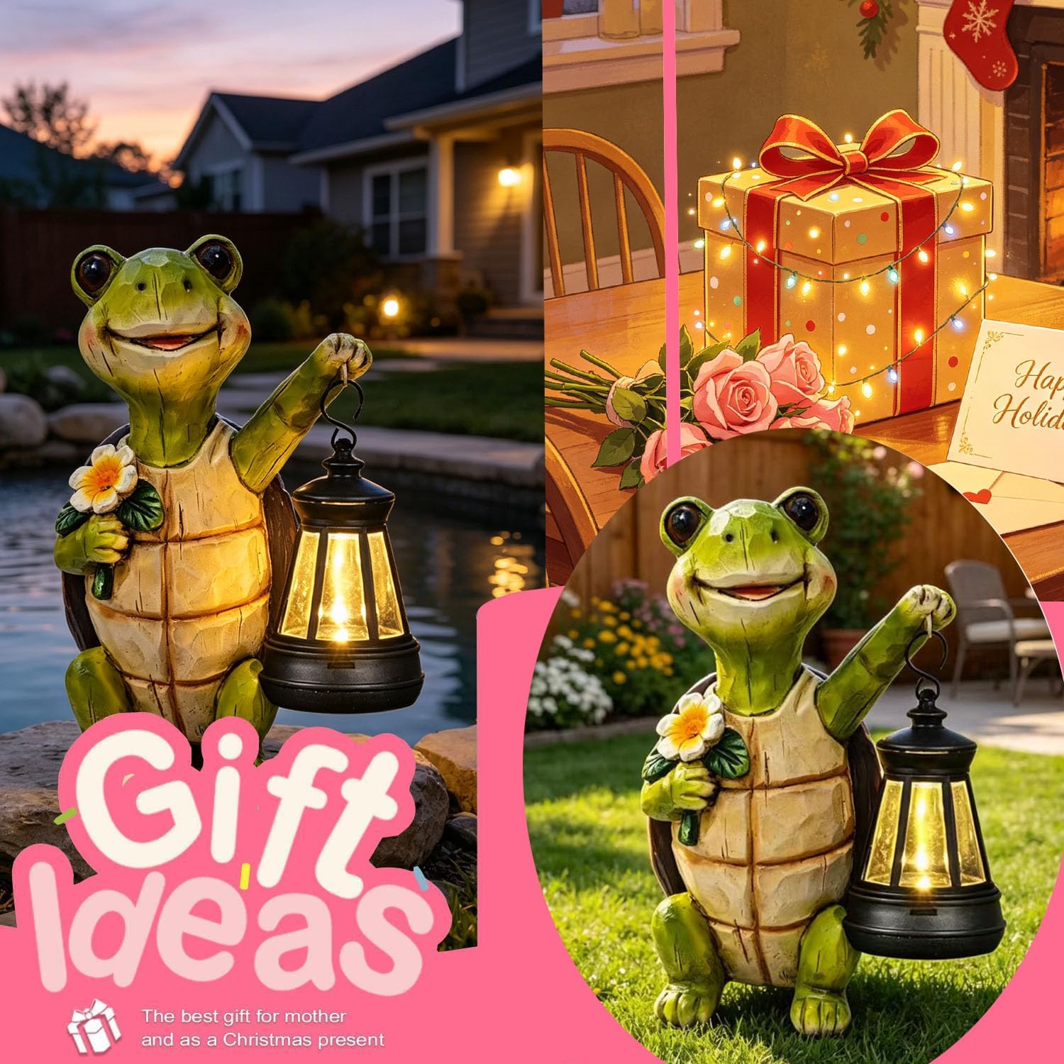 Solar Turtle Garden Statue, Resin Figurine with Hanging Solar Lantern Outdoor Statues for Patio (Turtle 1)