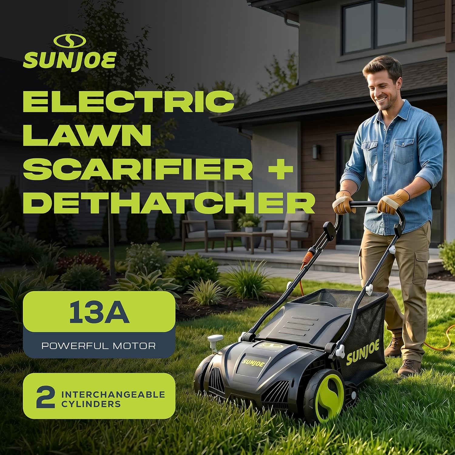 Sun Joe 15-Inch Lawn Dethatcher with Scarifier Blade Reel, AJ805E | and Collection Bag - 13-Amp Corded Yard Power Rake