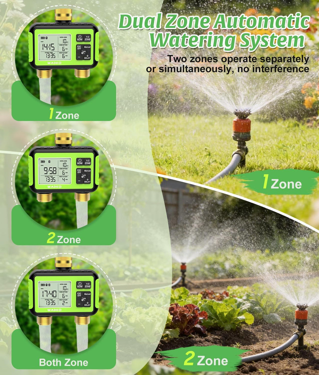 Brass 2 Zone Water Hose Timer, Waterproof Programmable Sprinkler Timer | Automatic Two Zone Irrigation Controller with