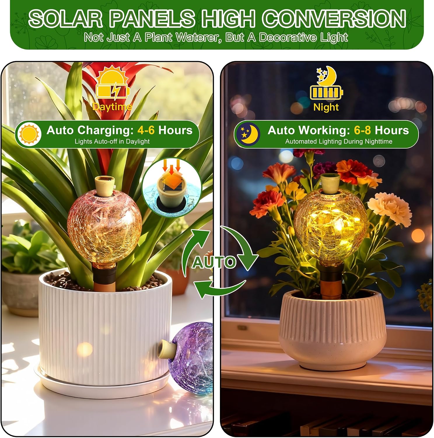 SAVENNA Crackle Glass Plant Watering Globe with Terracotta Spike,Self-Watering Irrigation for Potted Plants, with Solar