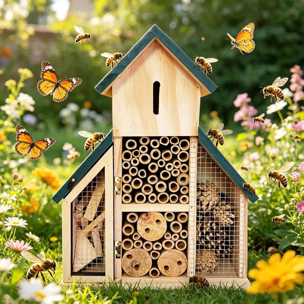 Hanging Bee House 9.5 * 3.7 * 13inch – Wooden Insect House Outdoor Solitary Bee Hive for Garden, Natural Beneficial