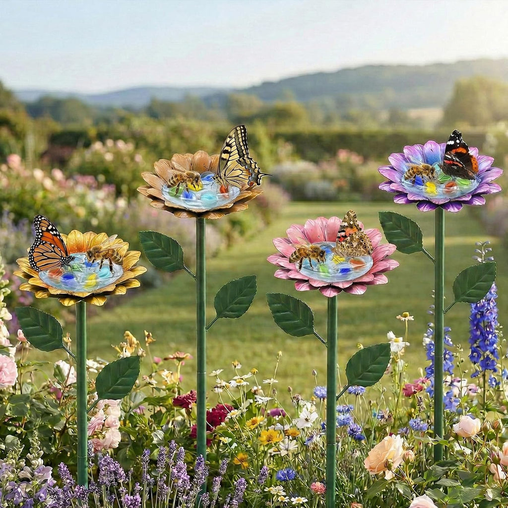 4 Pack Sunflower Flower Bee Watering Station with 20 Glass Beads | Bee Bath for Garden, Metal Bee Water Feeder with