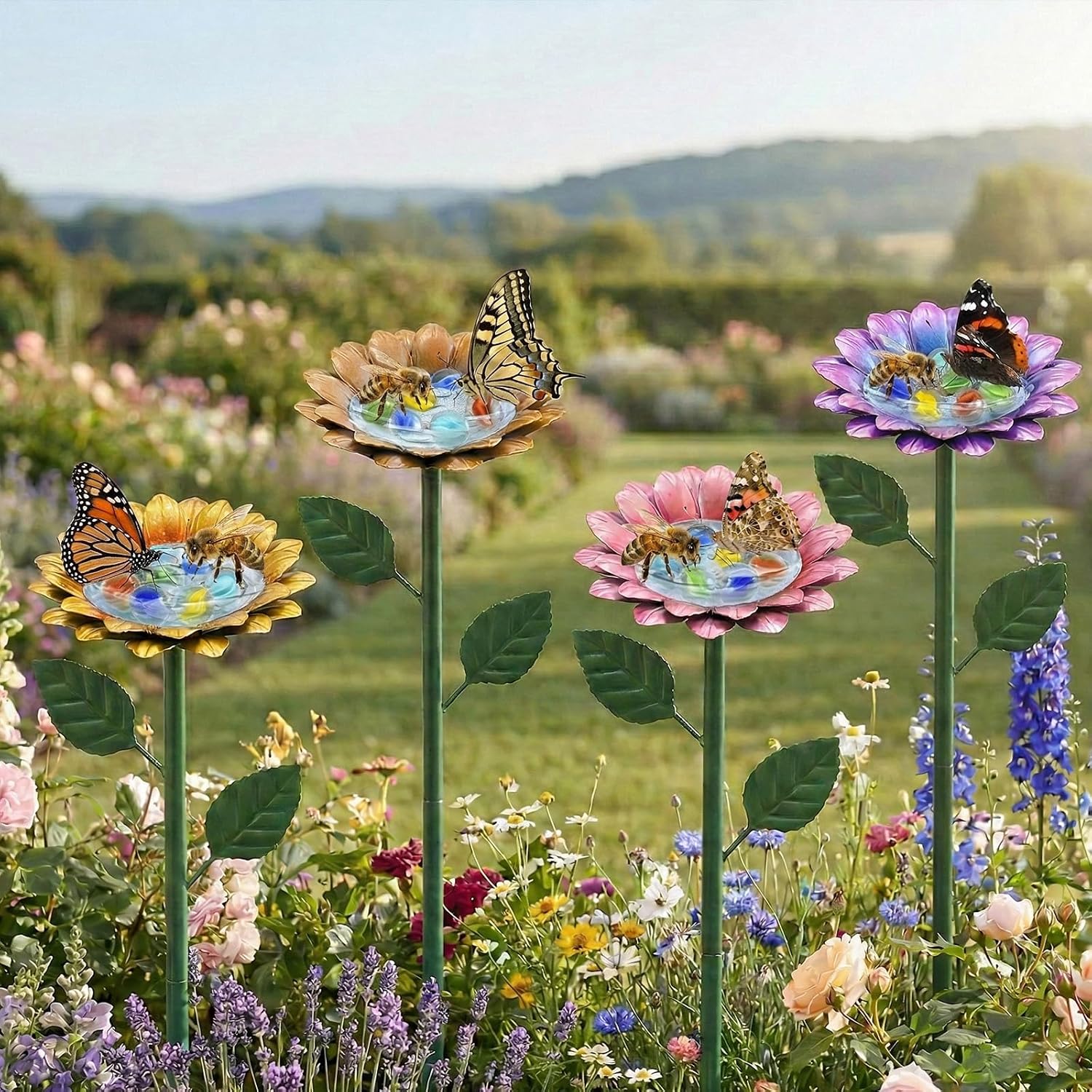 4 Pack Sunflower Flower Bee Watering Station with 20 Glass Beads | Bee Bath for Garden, Metal Bee Water Feeder with