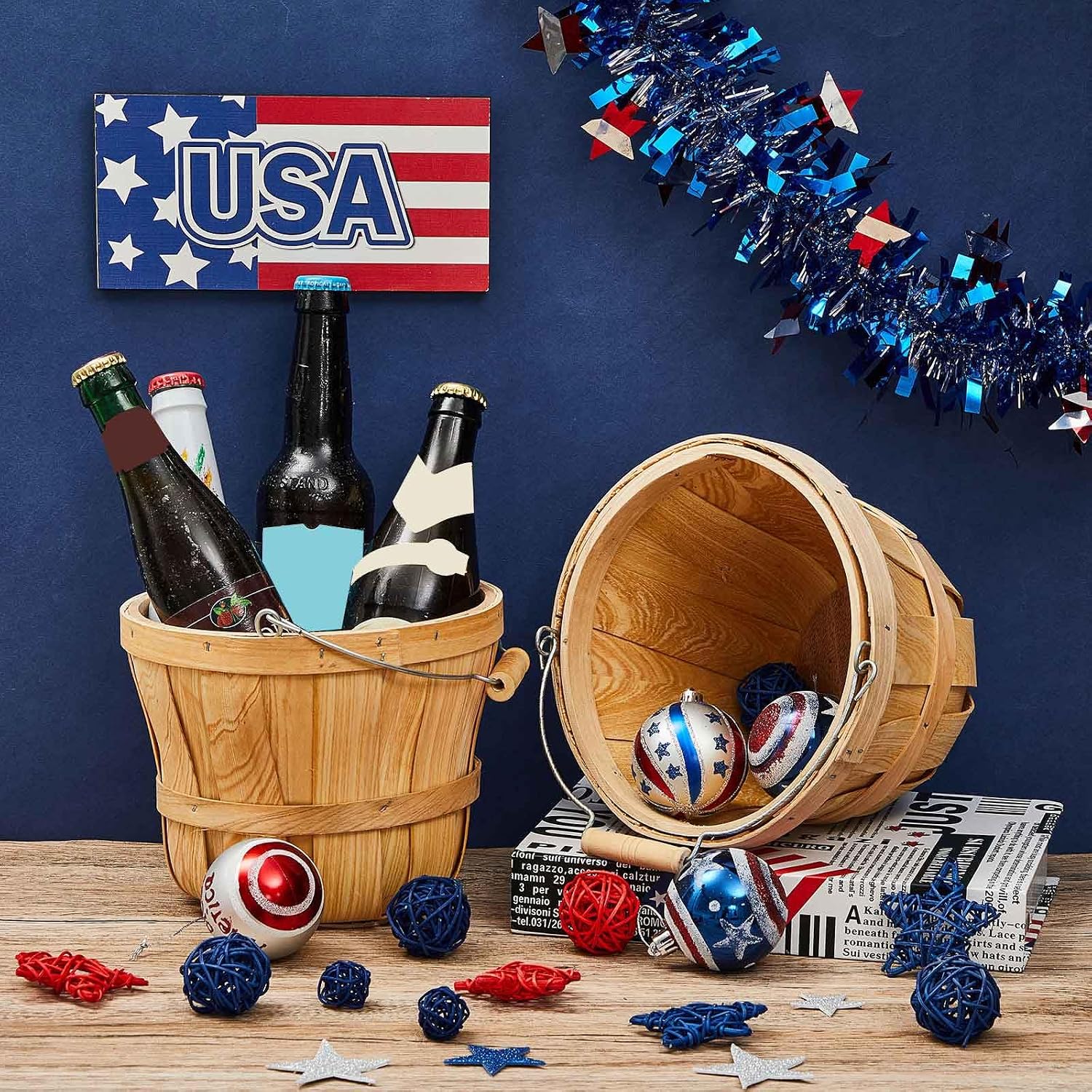 Tatuo 4 Pcs Round Wooden Apple Baskets Wood Fruit Buckets with Handle Fall Harvest Basket Portable Bushel for Market