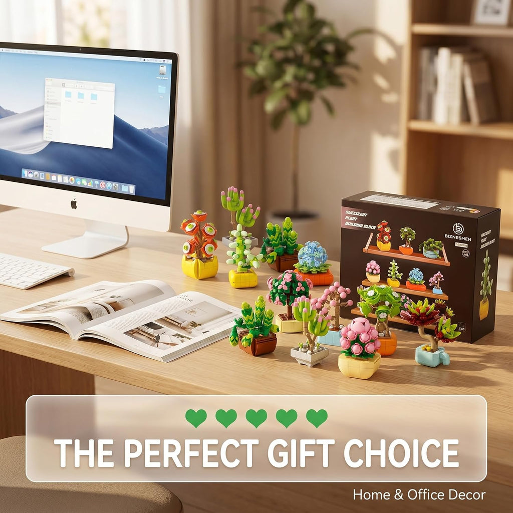 BIZNESMEN 12 Pack Succulent & Flower Building Block Set, 1255 PCS Botanical Garden DIY Kit - Creative STEM & Desk Decor