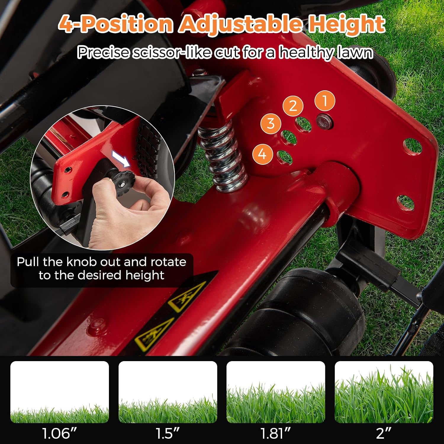 IRONMAX 14 Inch 5-Blade Push Reel Mower, Removable Grass Catcher, Red | 4-Level Adjustable Cutting Heights, Lightweight