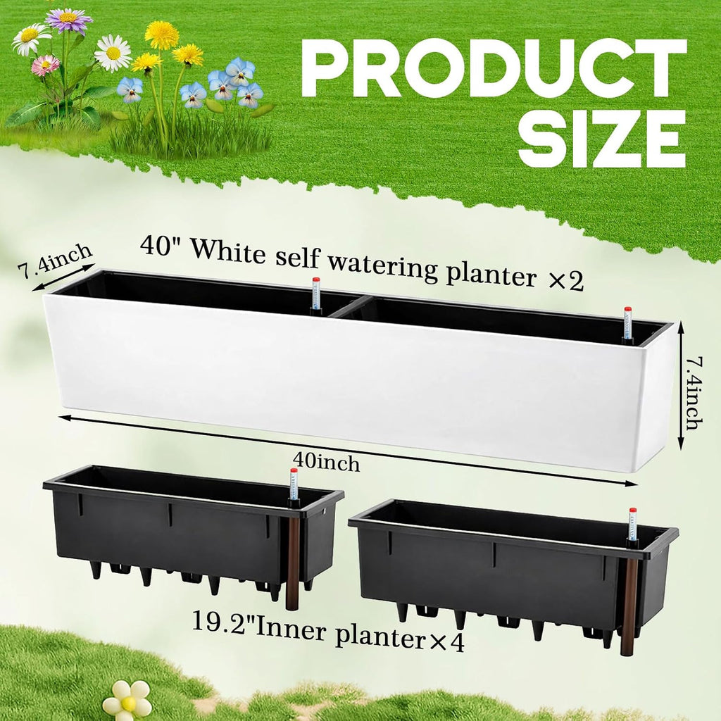 2 Pack Hanging Wall Planter Boxes 40" Large White Rectangular Flower Box with Window Bracket Self Watering System