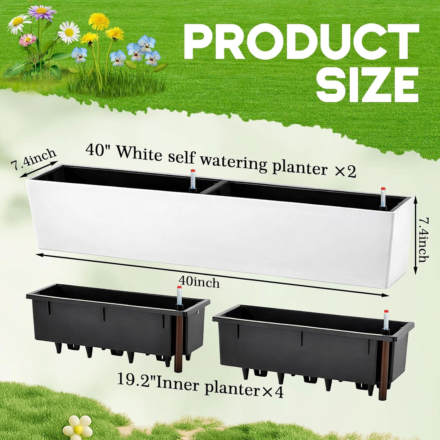 2 Pack Hanging Wall Planter Boxes 40" Large White Rectangular Flower Box with Window Bracket Self Watering System