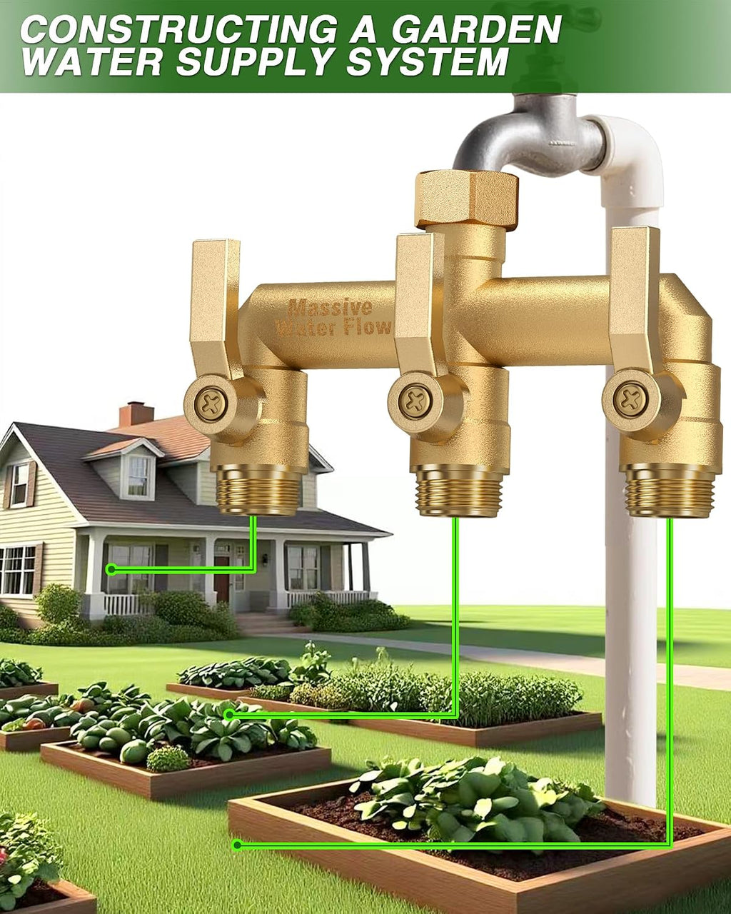 3 Way Hose Splitter Heavy Duty, Solid Brass Full Flow Outdoor Faucet and Garden Hose Splitters, Water Spigot Splitter T