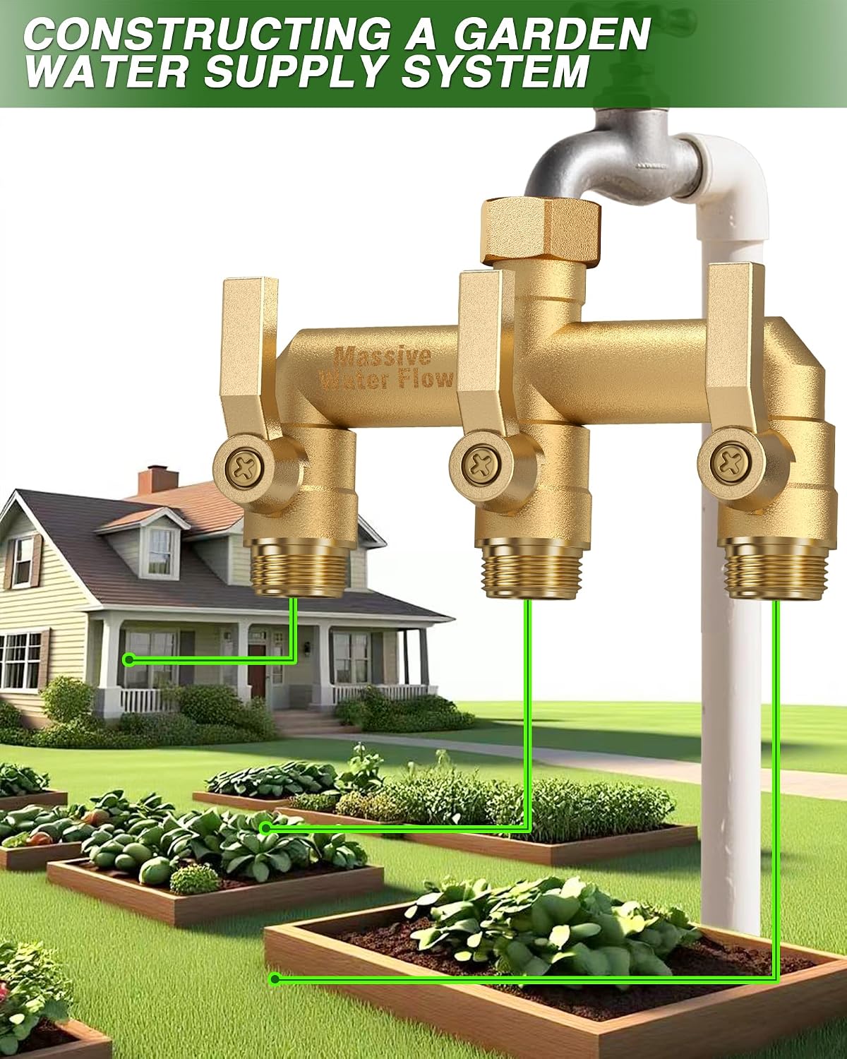 3 Way Hose Splitter Heavy Duty, Solid Brass Full Flow Outdoor Faucet and Garden Hose Splitters, Water Spigot Splitter T