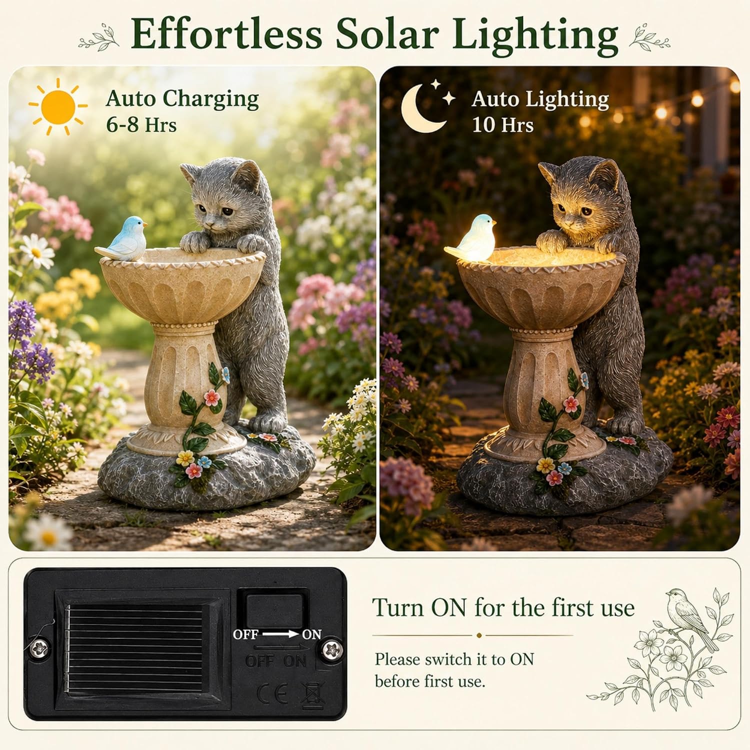 Solar Cat Statue for Garden Decor: IP44 Weatherproof Resin with Automatic Lighting - No Installation- Outdoor Yard